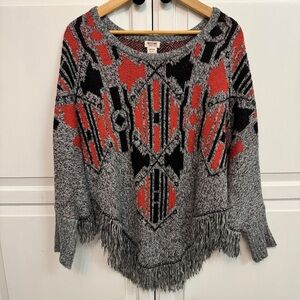 Mossimo Supply Co. Aztec Print Fringe Poncho Sweater - Gray, Red, and Black